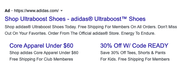 Adidas search results page for them bidding on their own product specific brand keyword