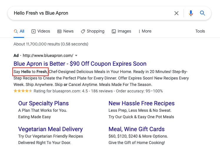 Comparison brand ads in Google Ads search results