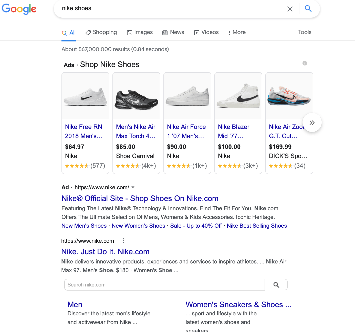 Nike search results page for them bidding on their own brand keyword