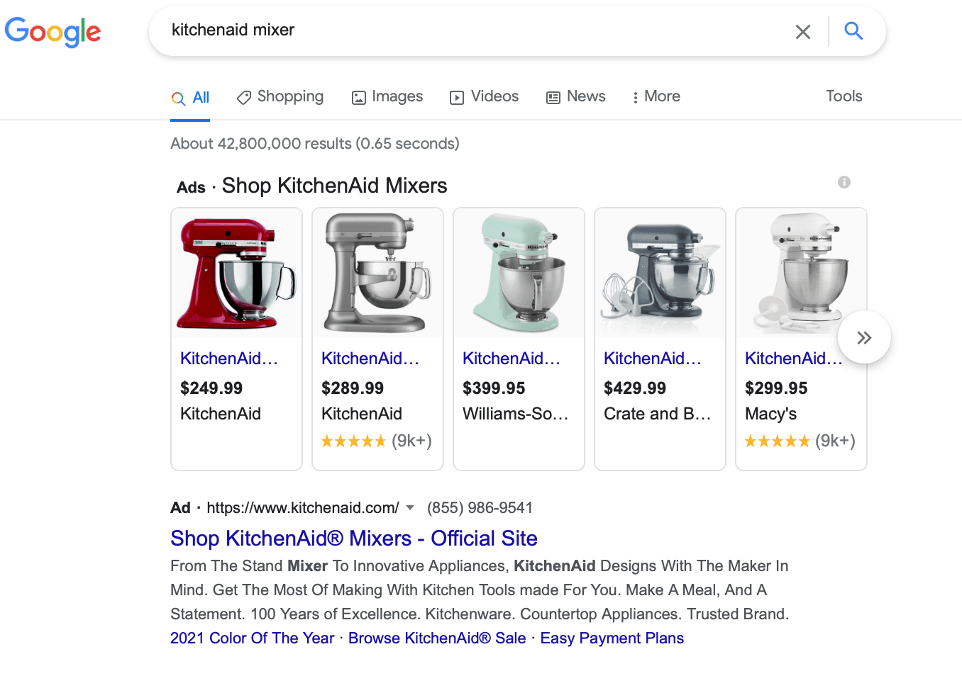 KitchenAid bidding on a product keyword