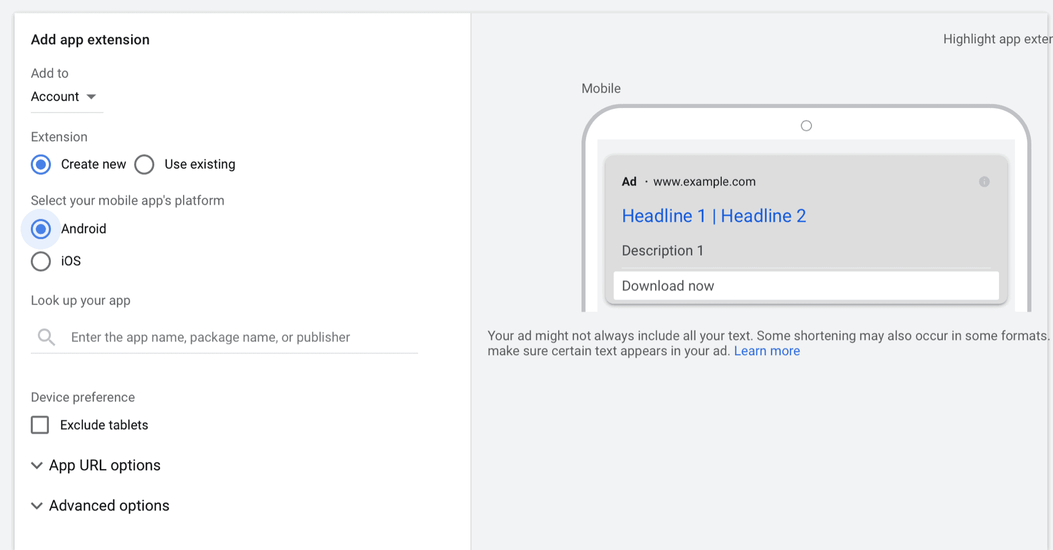 Google Ad setting up app extensions
