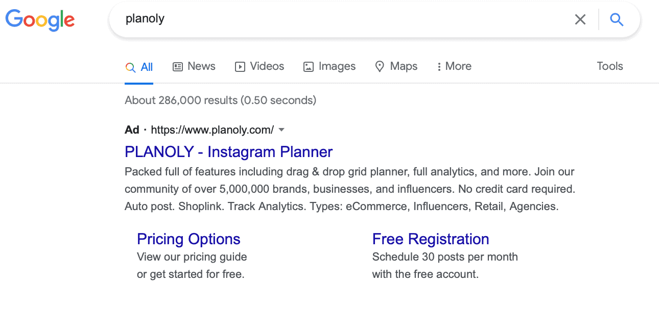 bidding on own keywords Google Ads search results from "planoly"