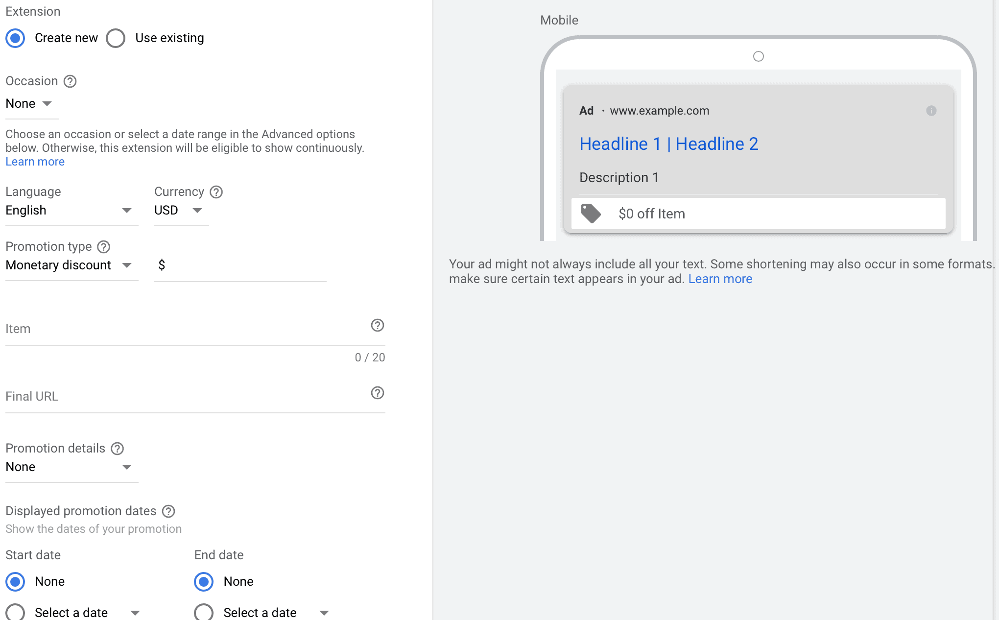 setting up promotion extension for Google Ads