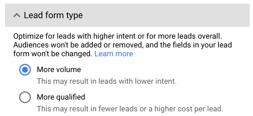 lead form type in Google Ads lead forms