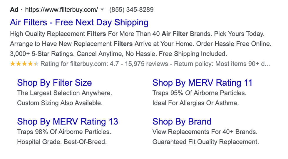 Google ad with multiple extensions