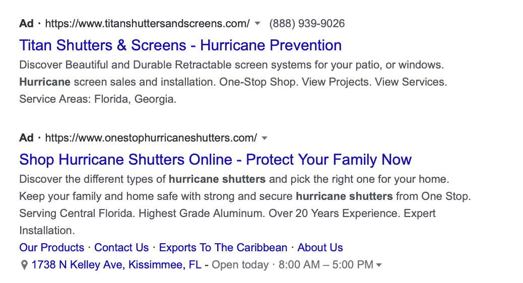 Google search ads promoting USP