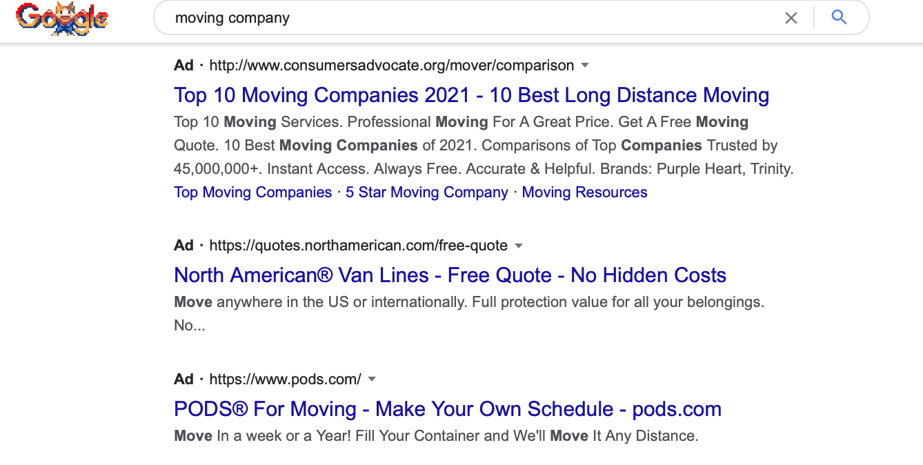 Google search results showing different ads
