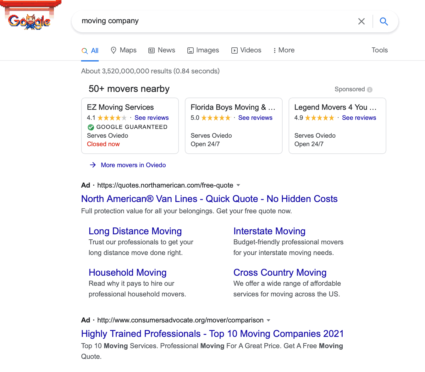 Google search results showing different ads