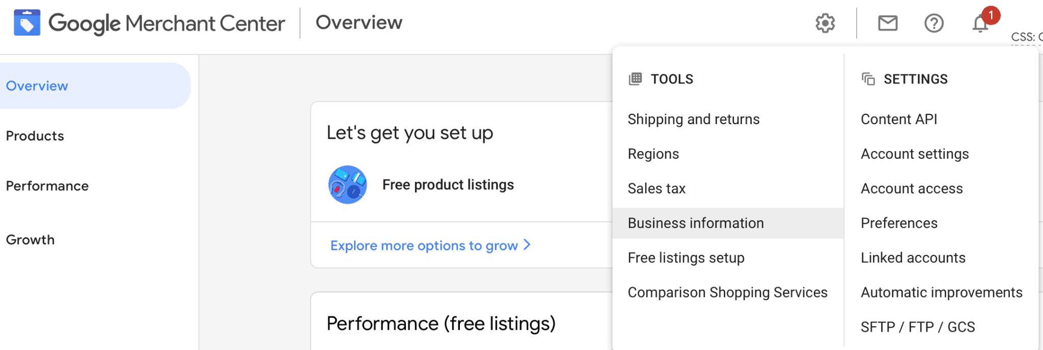 Page of Google Merchant Center Dashboard