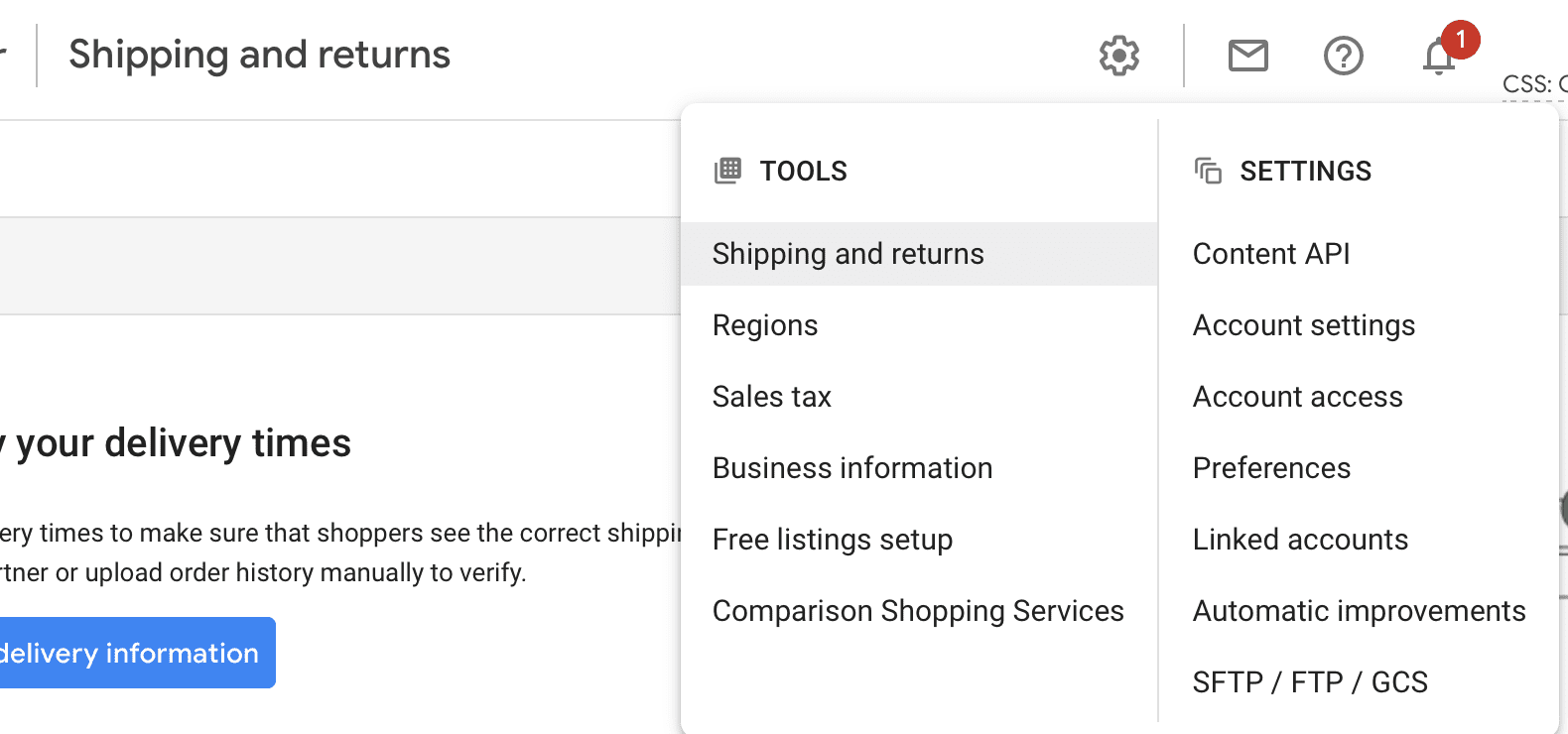 Google Merchant Center Web Page on Shipping and Returns