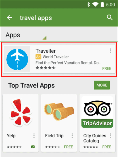 A Travel App Ad Seen on Google My Store Along along with other Travel App that are not Run By Ads