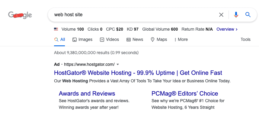 A Travel Ad on Web Host Seen in Google SERPs