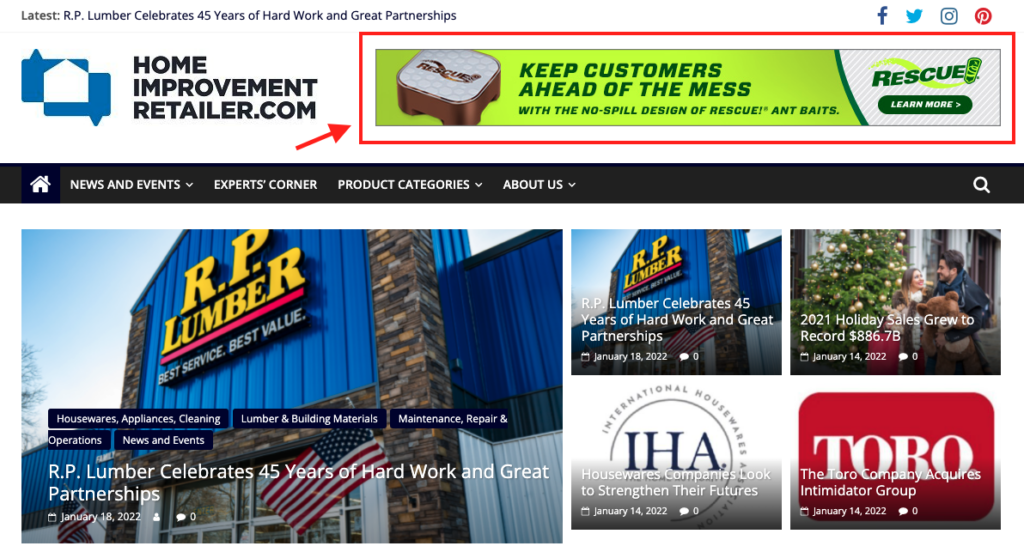 A Homepage of a Home Improvement site with ads Running in the Header