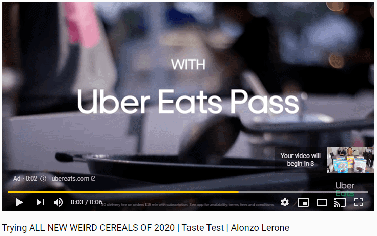 An Ad of Uber Eat in Youtube Video