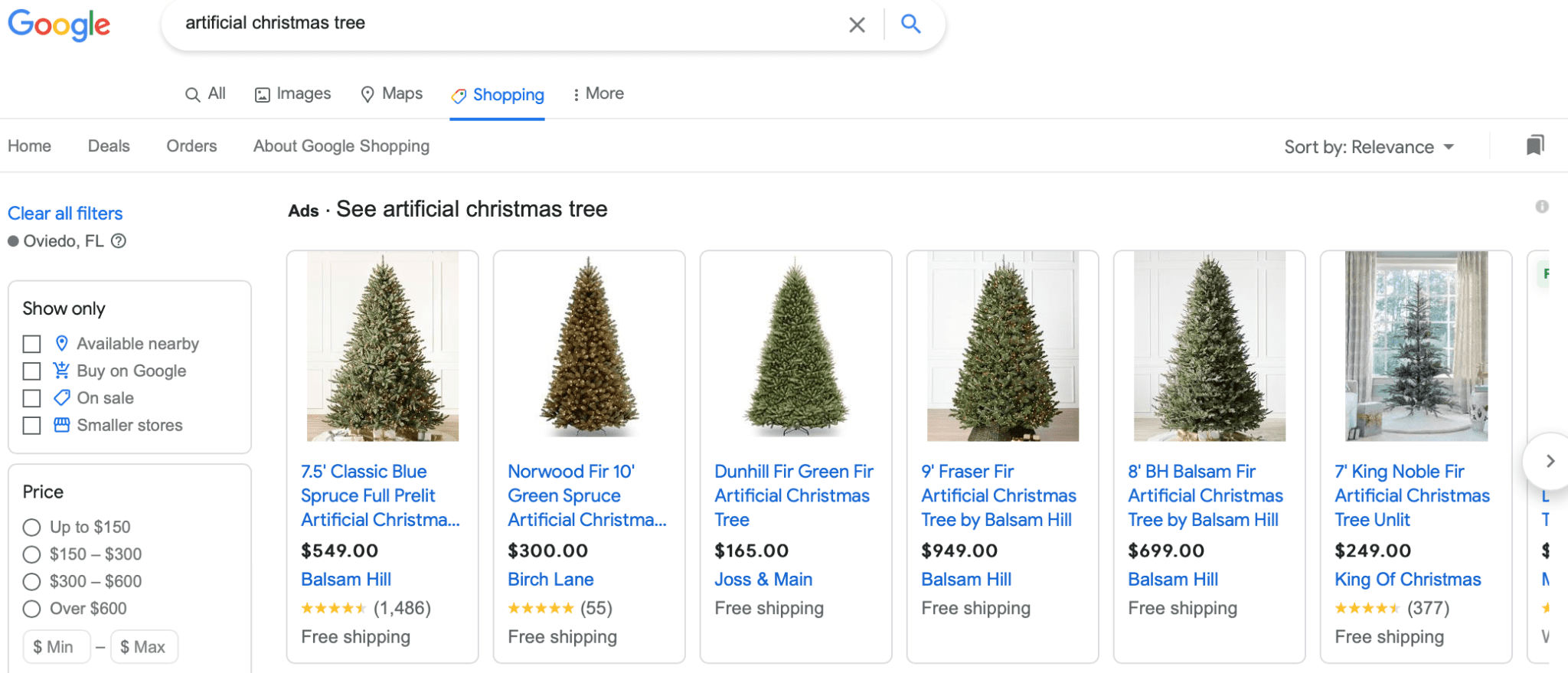 google search for artificial christmas tree