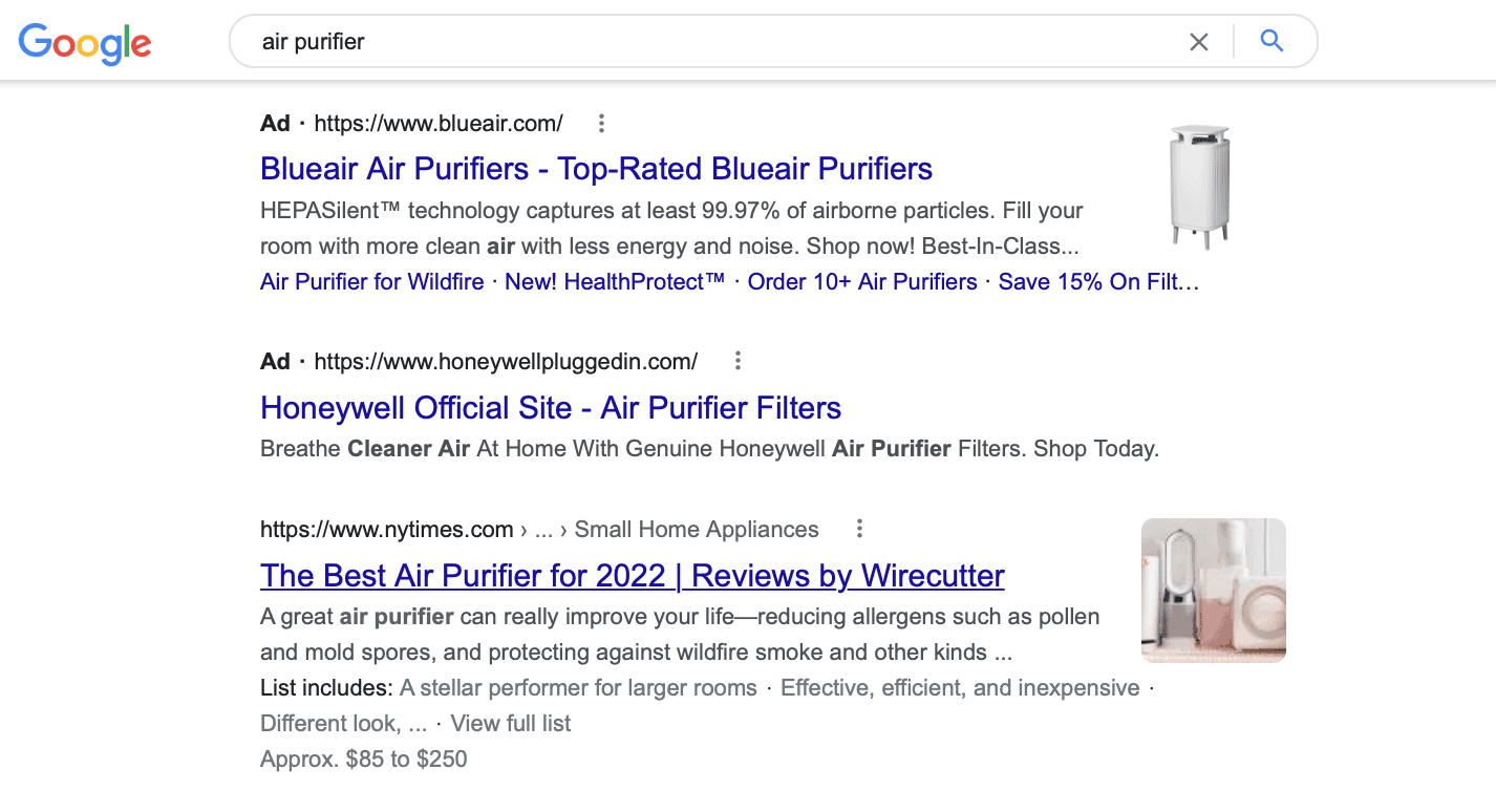 google search ads for air purifier
