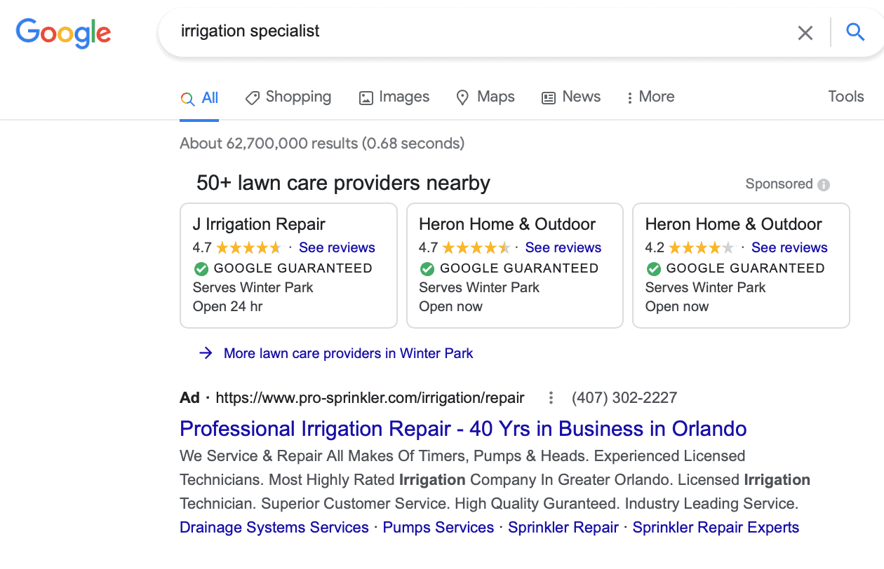 google ads results for irrigation specialist