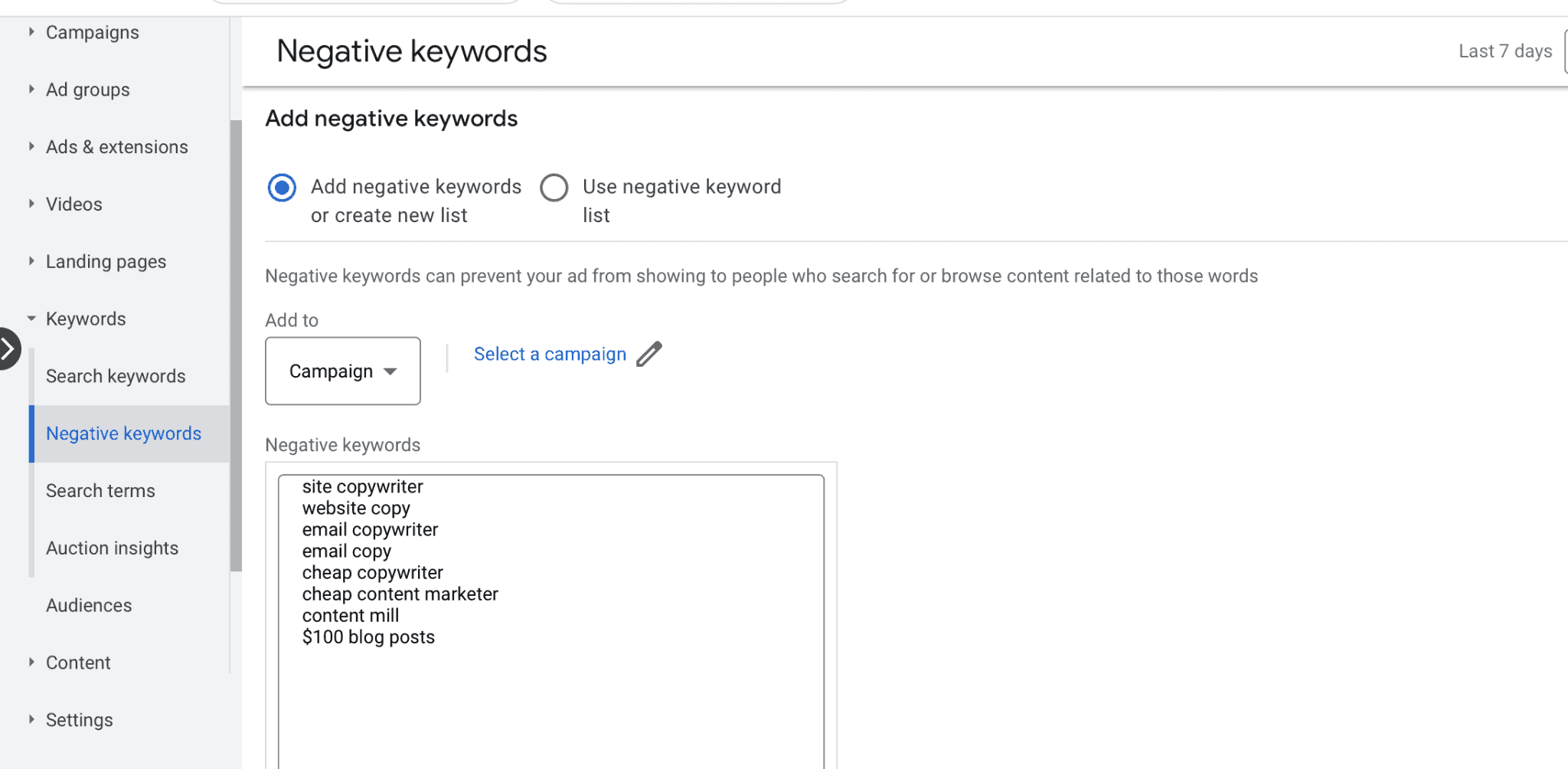 adding negative keywords in google ads interface