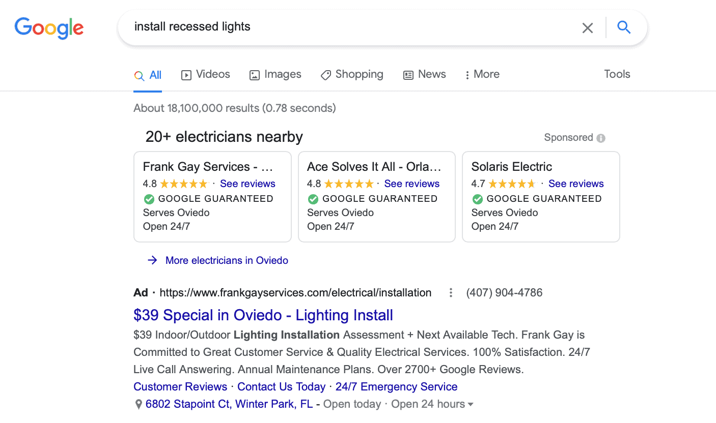google search ads for install recessed lights
