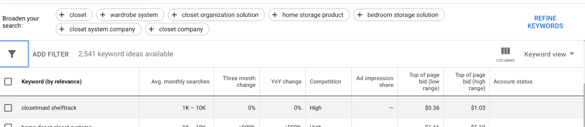 google ads keyword planner filter