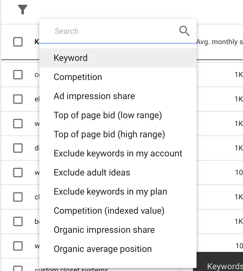 keyword planner filter options