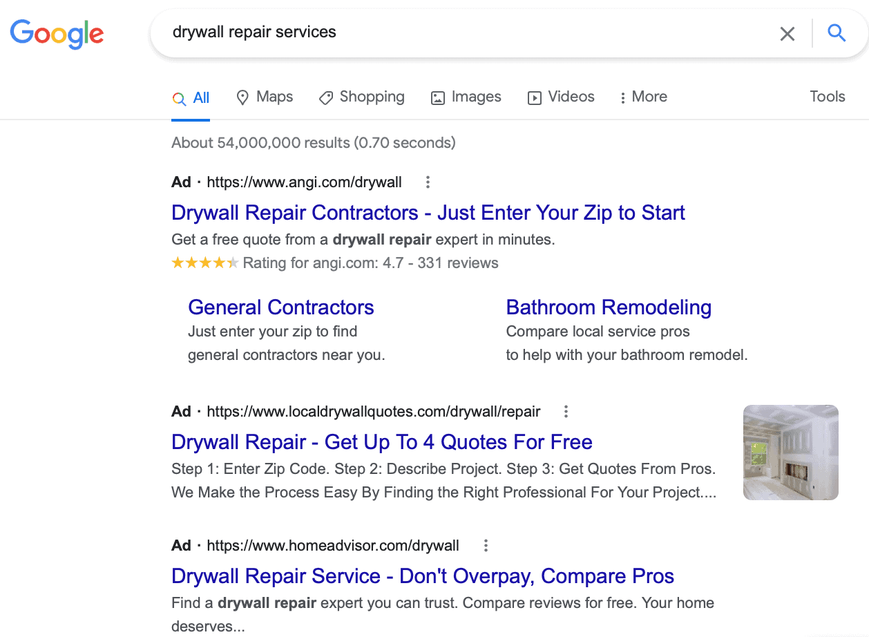 google search ads for drywall repair services