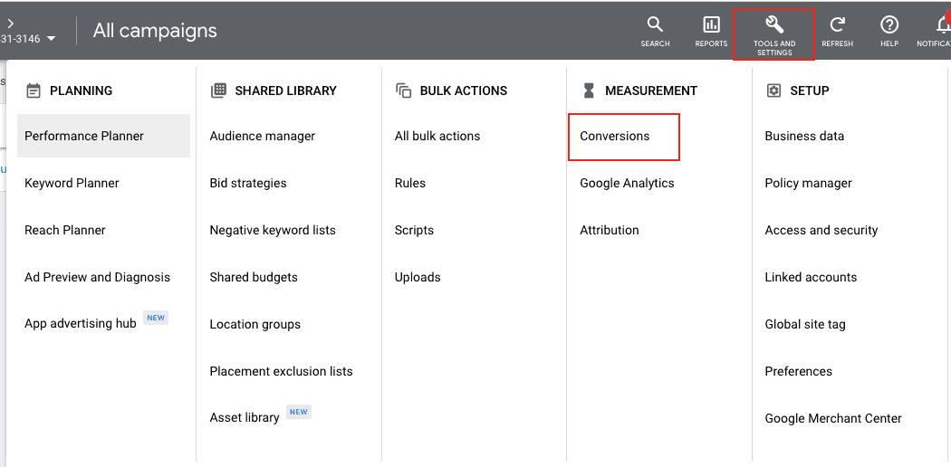 conversions tab in google ads drop down menu