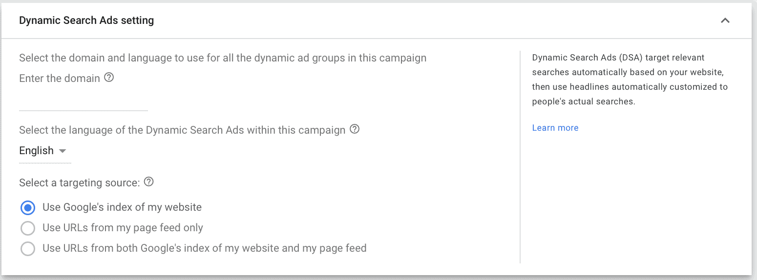 dynamic search ads setting