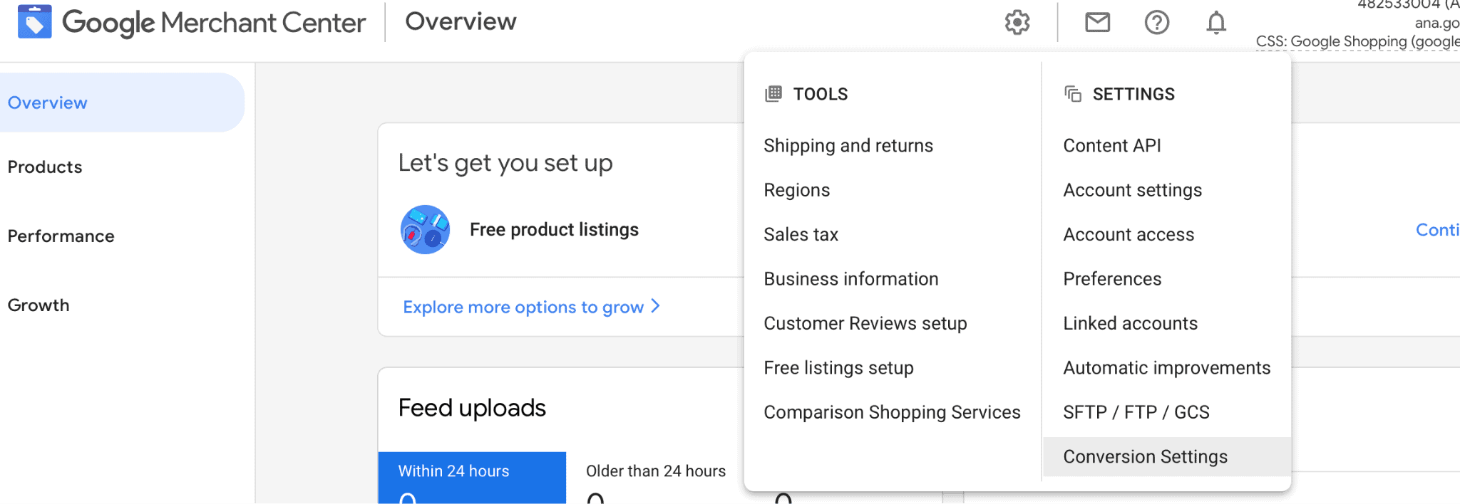 google merchant center conversion settings