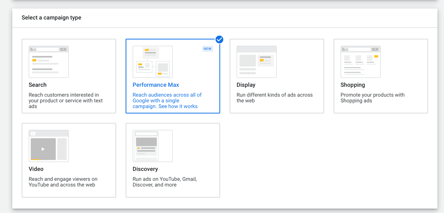 selecting performance max campaign type in google ads