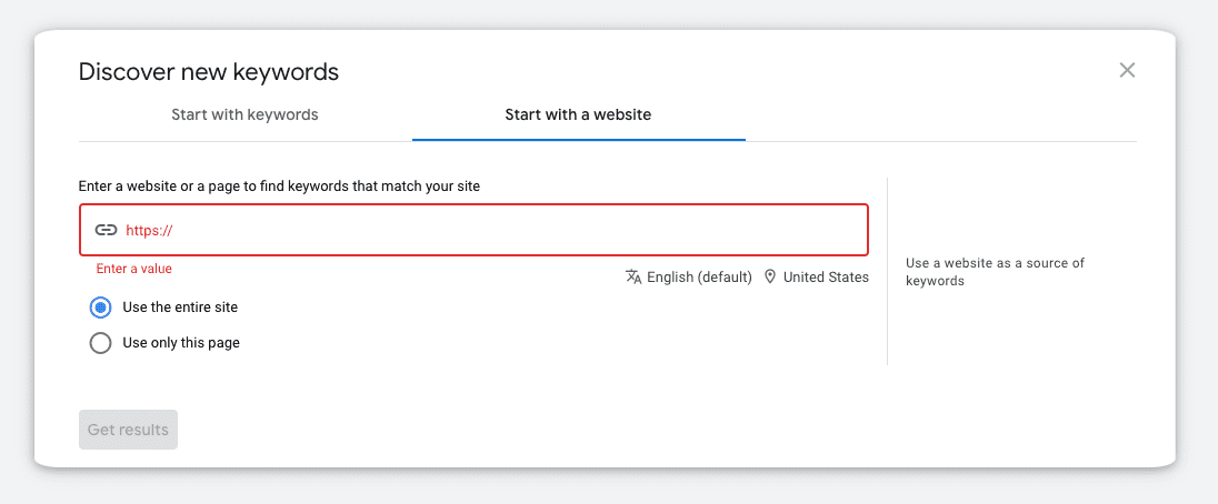 discover new keywords with a website url in keyword planner tool