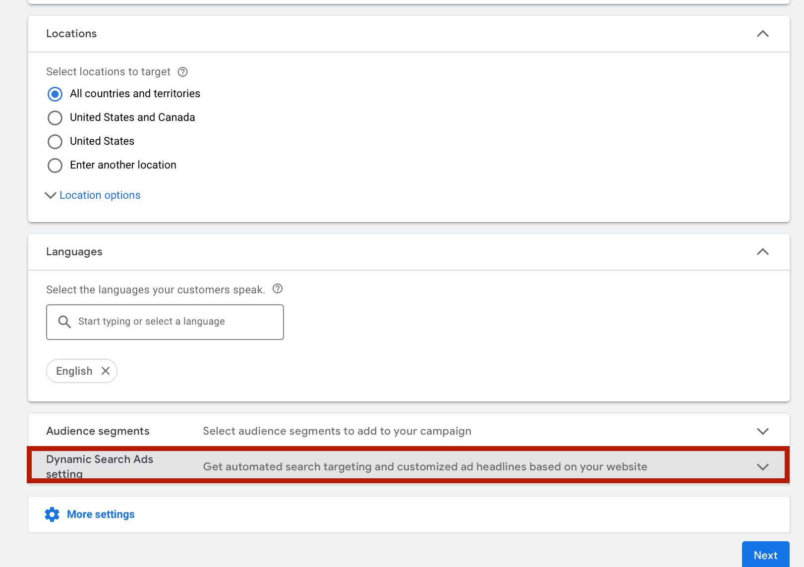 dynamic search ads setting