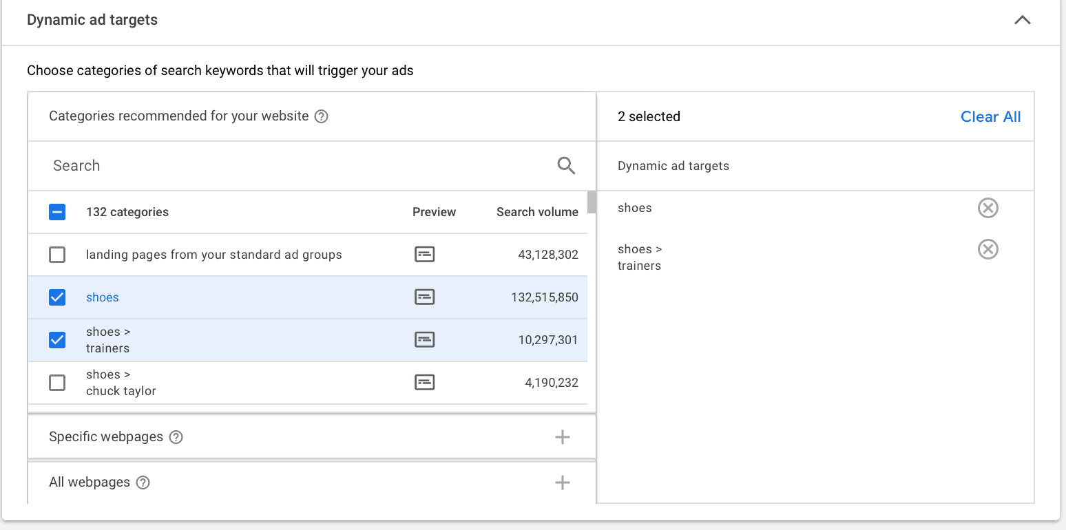 dynamic ad targets categories