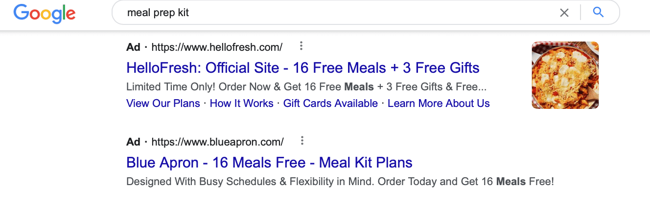 google ads search for meal prep kit