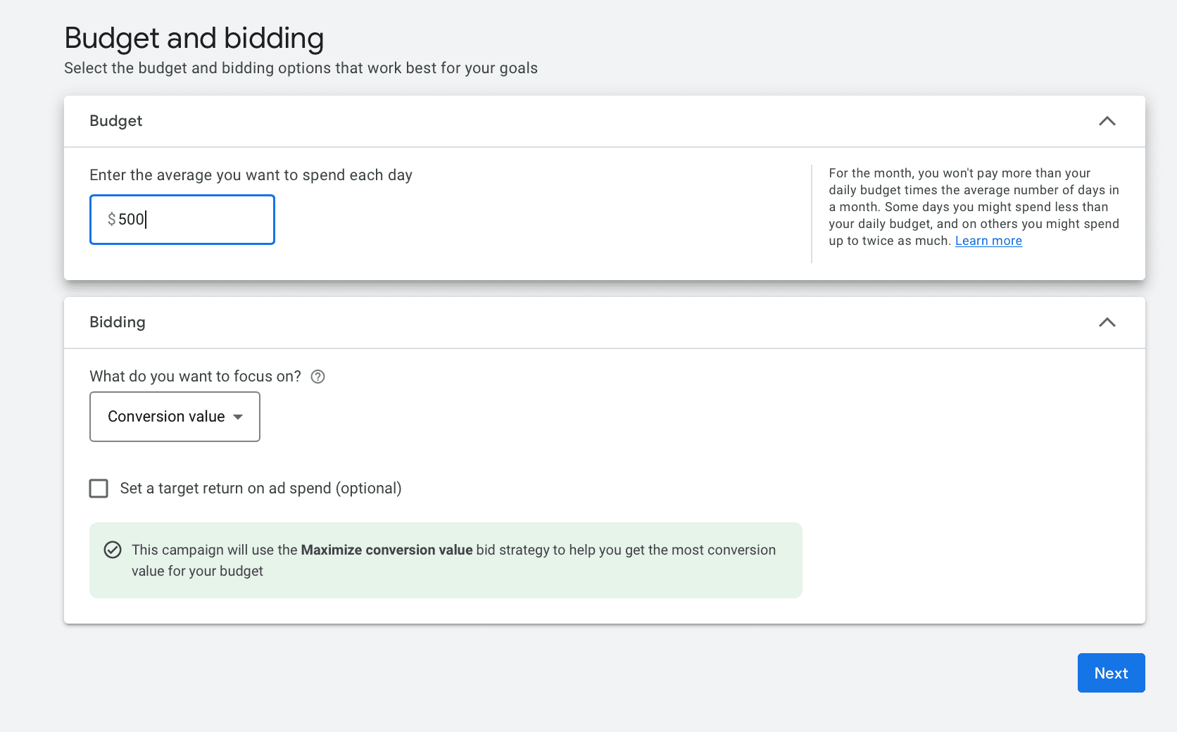 selecting budget and bidding for performance max campaign