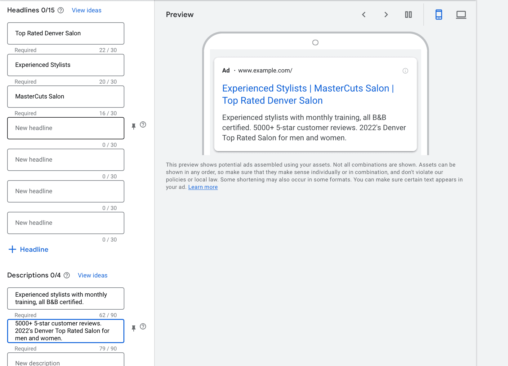 google responsive search ad preview