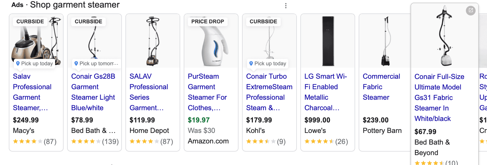 google shopping ads for garment steamer
