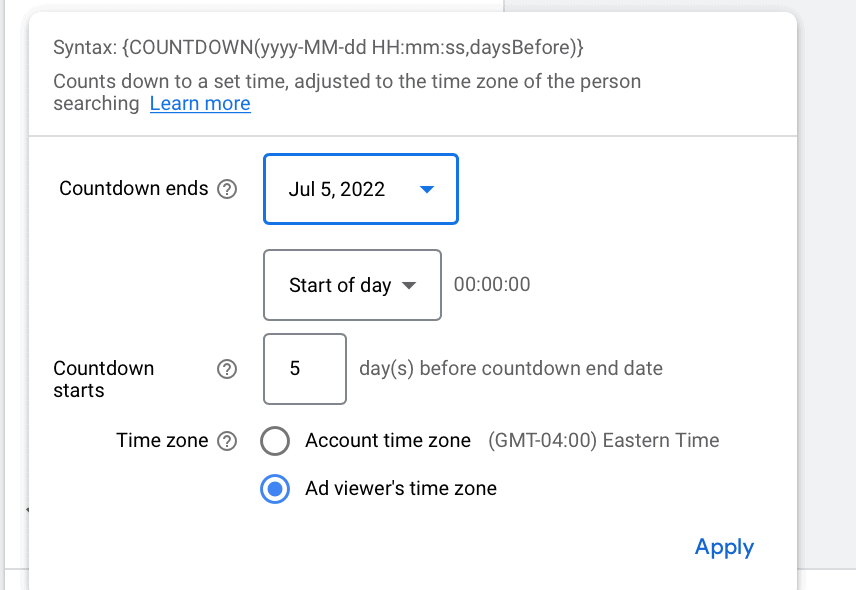 Setting Up Countdown on Ads