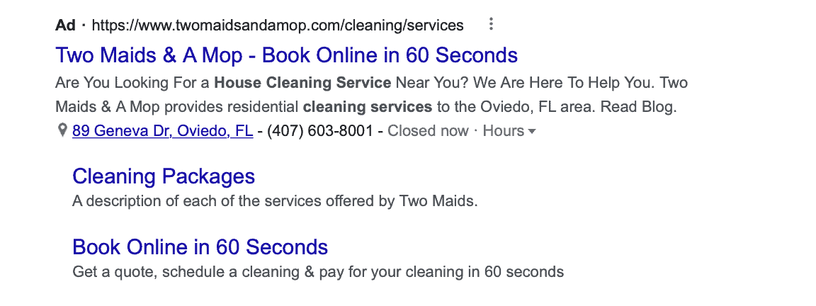 google search ad for two maids and a mop