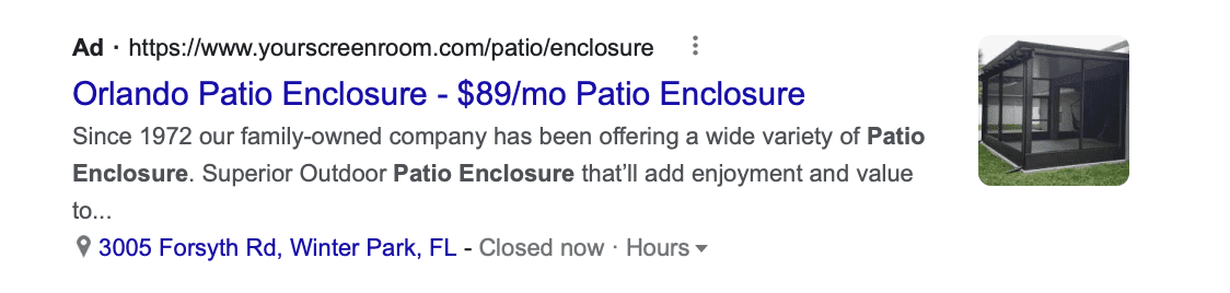 google search ad example for orlando patio