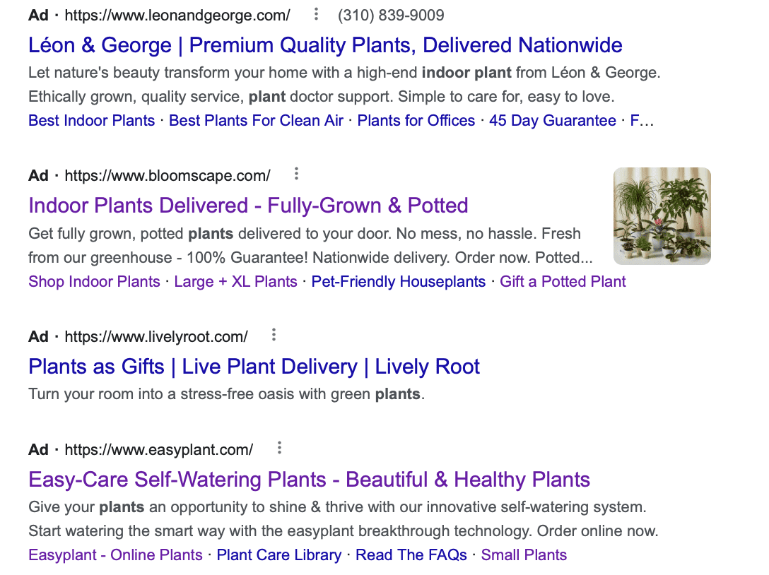 google search ads for plants