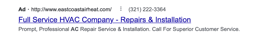 Sample of A Google Ad on HVAC Services