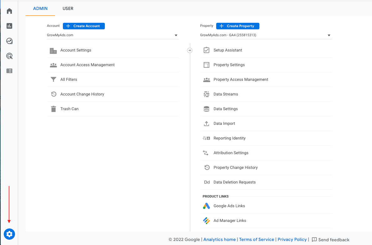 ga4 settings button