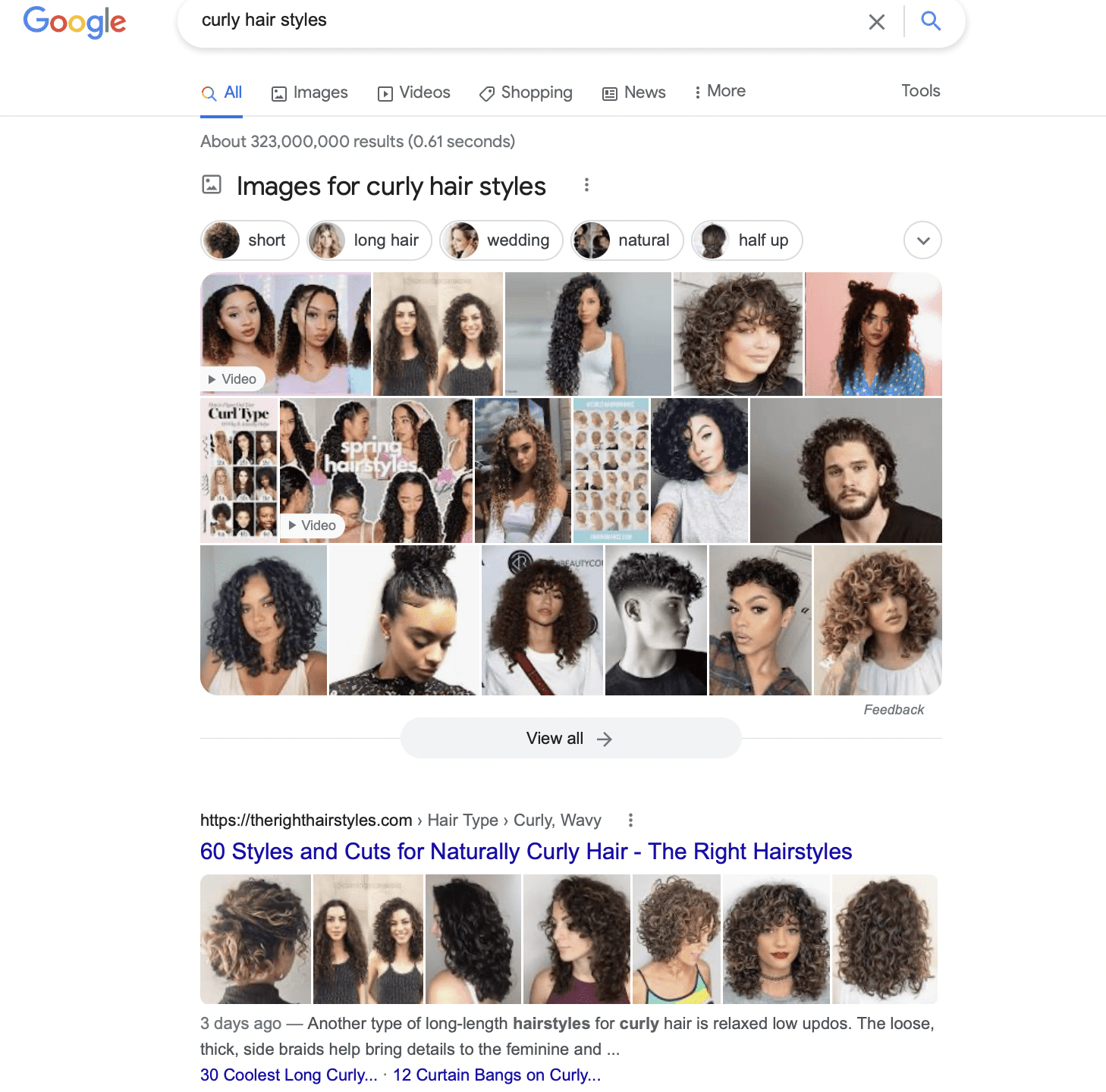 informational google search for "curly hair styles"