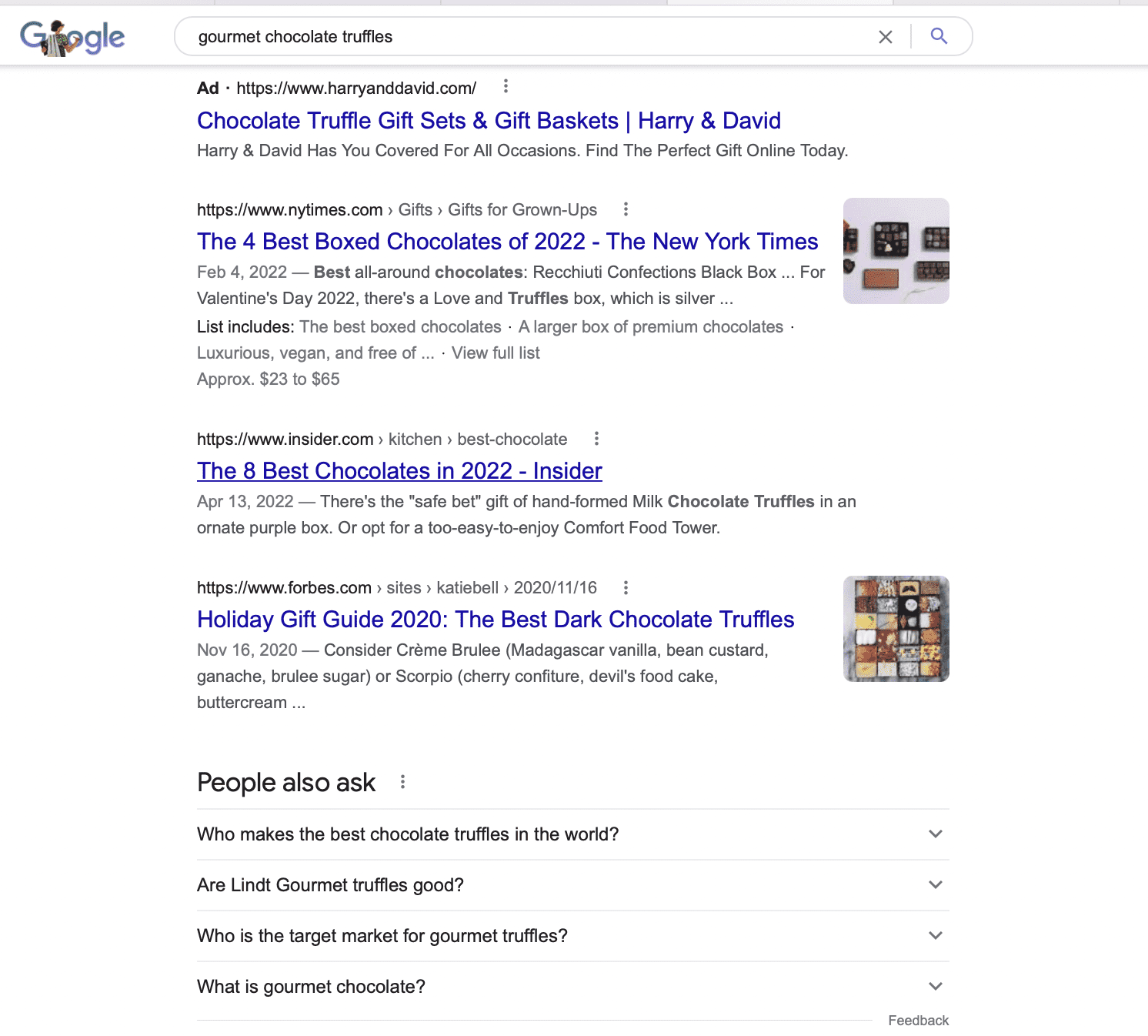 informational google organic listings for "gourmet chocolate truffles"