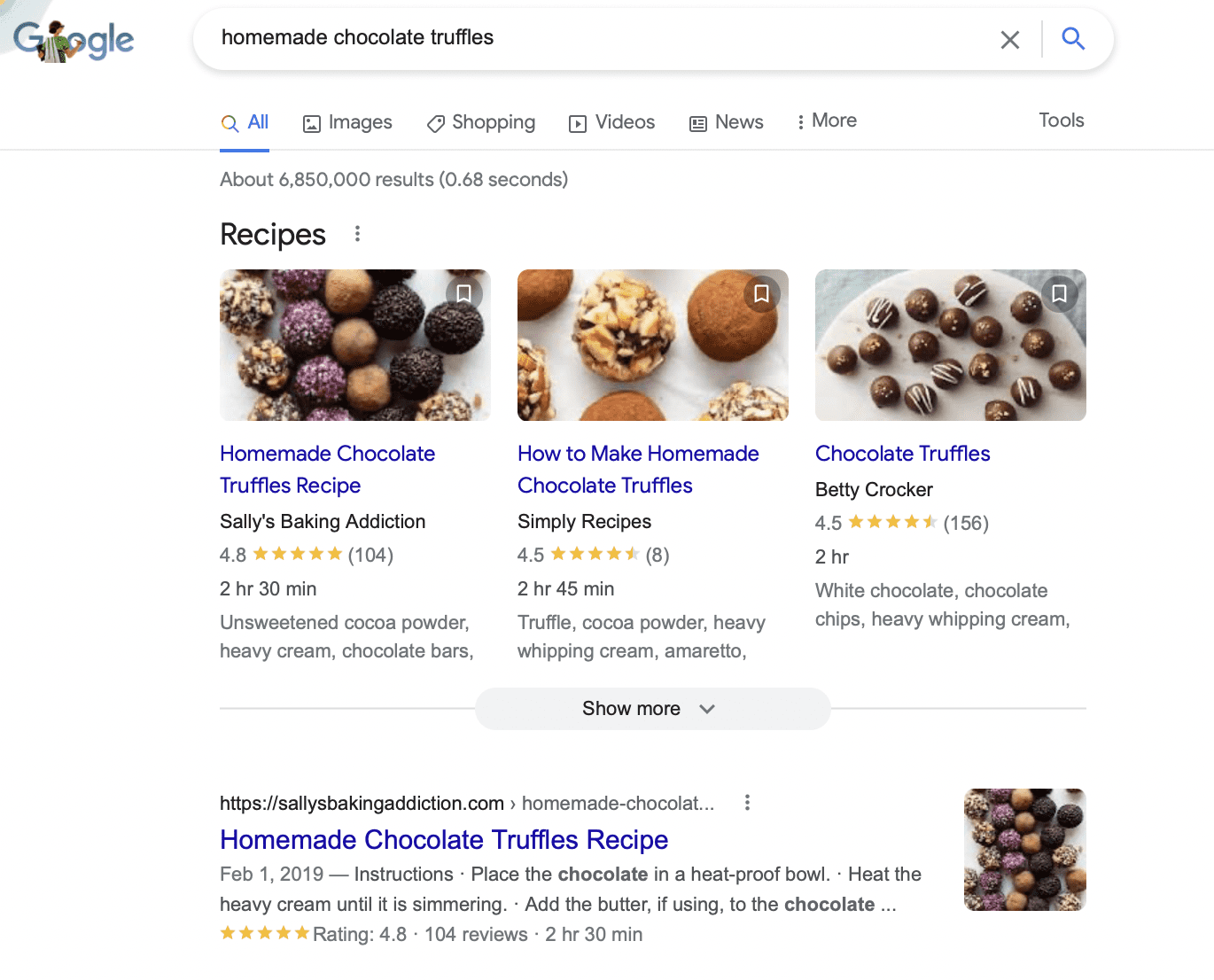 Google Serp on Returning Data About Homemade Chocolate Truffles Cookie