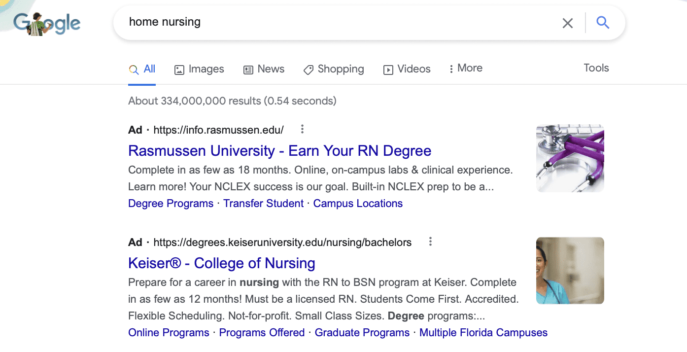 example of google ad for wrong search intention