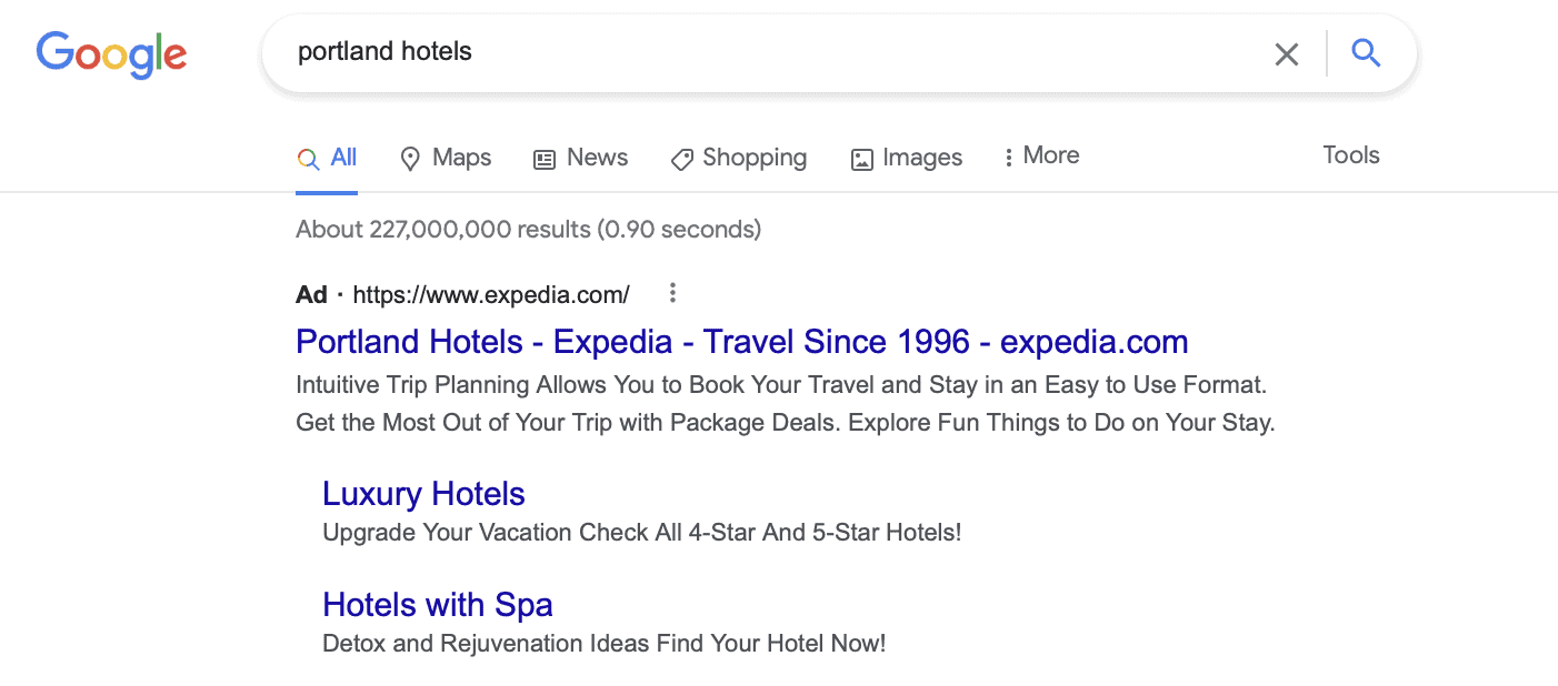 A Sample Ad for Portland Hotels on Google SERPs