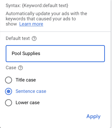 syntax setting google search ads