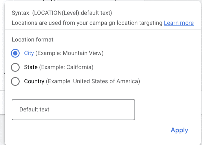 city state and country location insertion setting in google ads